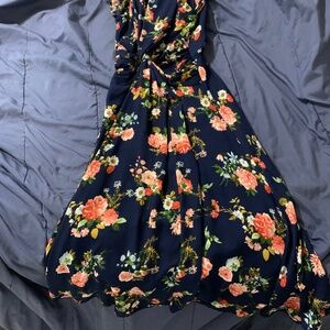 Long Blue flower dress with pink and green and twist in center